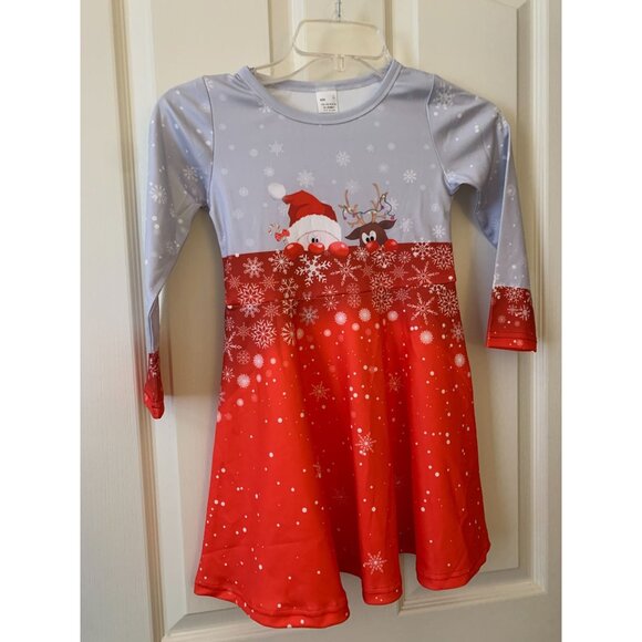 Girls Christmas Dress With Santa & Reindeer Print Long Sleeve Red & Gray Size S - Picture 1 of 3